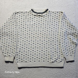 Vintage Bill Blass Menswear Crewneck Sweater L USA Cotton Openwork Knit Ivory